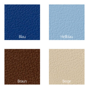 Polsterfarben in blau, hellblau, braun und beige.